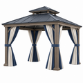 Gartenpavillon 300 x 300 cm Holzoptik Metall Dunkelgrau Braun mit Vorhängen