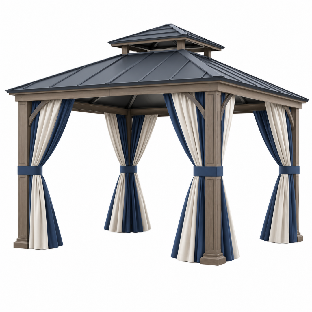 Gartenpavillon 300 x 300 cm Holzoptik Metall Dunkelgrau Braun mit Vorhängen