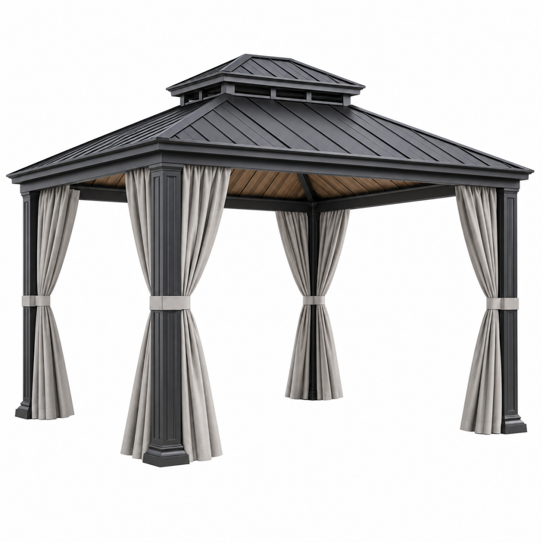 Pavillon 300 x 300 cm Metall Anthrazit mit Hardtop Dach und Vorhängen