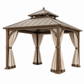 Gartenpavillon 300 cm x 300 cm x 300 cm aus Holz und Metall Braun Beige mit Vorhängen