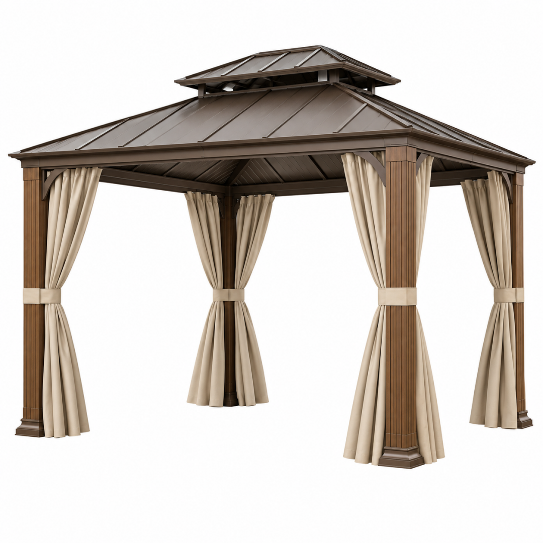 Pavillon 300 x 300 cm aus Metall Braun Beige mit Vorhängen und Belüftungsdach