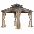 Pavillon 400 x 400 x 320 cm Holz Metall Beige Schwarz für Garten mit Vorhängen